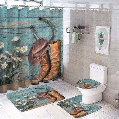 FBMLBRB Vintage Western Cowboy 4 Pcs Waterproof Shower Curtain Set,Rustic Old Wood Boards Farm Daisy Cowboy Boots Hat Horseshoe with Waterproof Toilet Cover Shower Mat Rugs