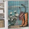 FBMLBRB Vintage Western Cowboy 4 Pcs Waterproof Shower Curtain Set,Rustic Old Wood Boards Farm Daisy Cowboy Boots Hat Horseshoe with Waterproof Toilet Cover Shower Mat Rugs view 4