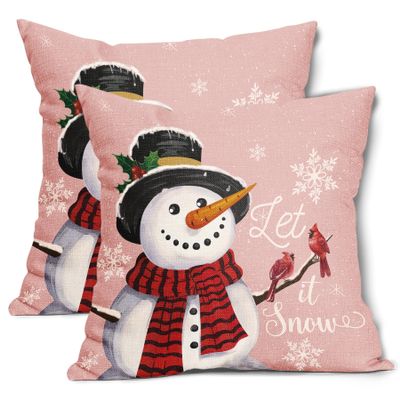 Kawani Let it Snow Christmas Pink Pillow Covers 20X20 Inch Xmas Snowman Snowflake Decorative Square Pillow Cases Set of 2 Winter Holiday Home Decor Cotton Linen Throw Pillows for Sofa Couch Outdoor
