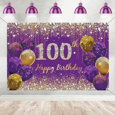 100th Birthday Decoration Women, Purple Fabric Sign Poster Birthda y Party Decoration, 100'th B irthday Background Banner Women, 100t h Birth day Party Decoration, 59"x35.4"