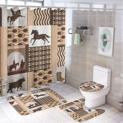 FBMLBRB Vintage Western Cowboy Plaid 4 Pieces Shower Curtain Set, Rustic Cowboy Hat Boots Bull Horse Sunset Print Non-Slip Rugs Toilet Lid Cover Bath Mat and Bathroom Curtain