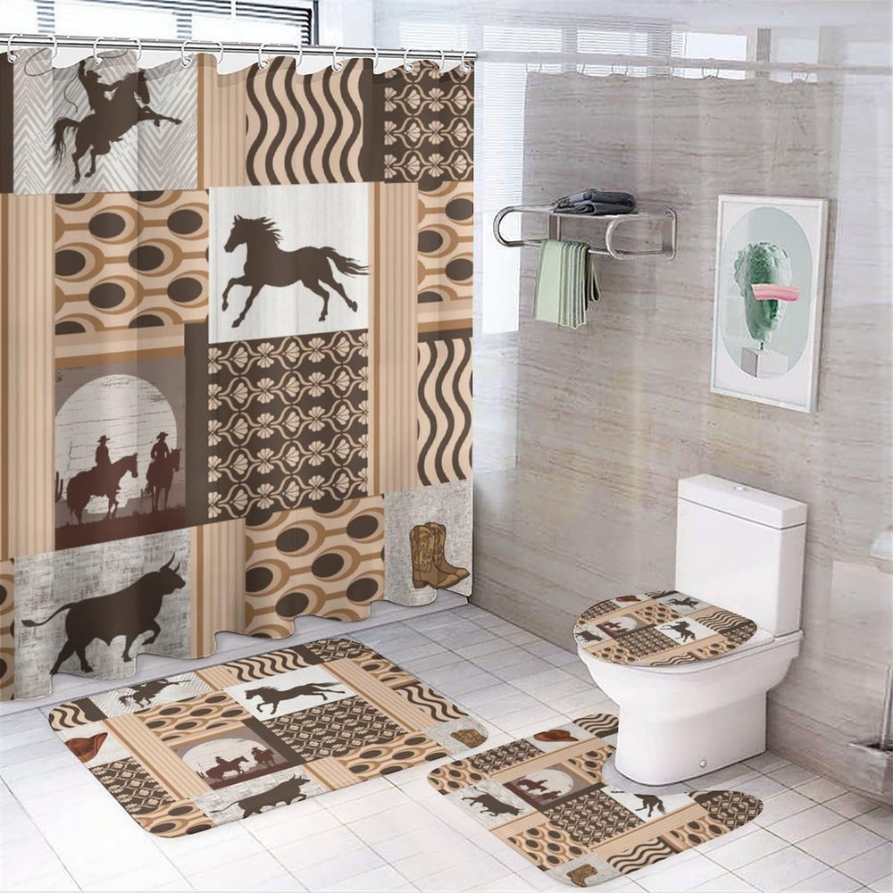 FBMLBRB Vintage Western Cowboy Plaid 4 Pieces Shower Curtain Set, Rustic Cowboy Hat Boots Bull Horse Sunset Print Non-Slip Rugs Toilet Lid Cover Bath Mat and Bathroom Curtain