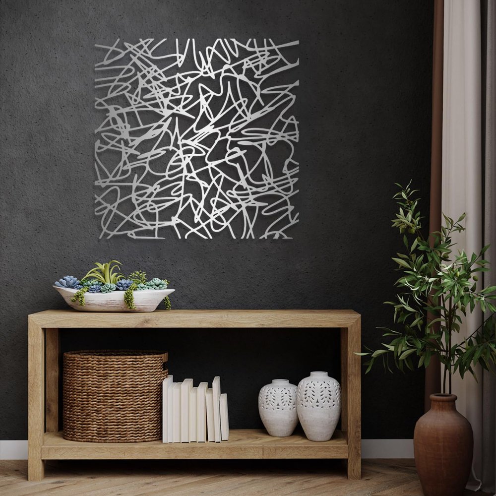 Cadeali Abstract Lines Metal Wall Art, Metal Minimalist Wall Decor, Square Decorations, Line Art Wall Decor, Modern Artwork for Living Room, Office, Housewarming Gifts (Silver, 41"x39"|104x99cm)