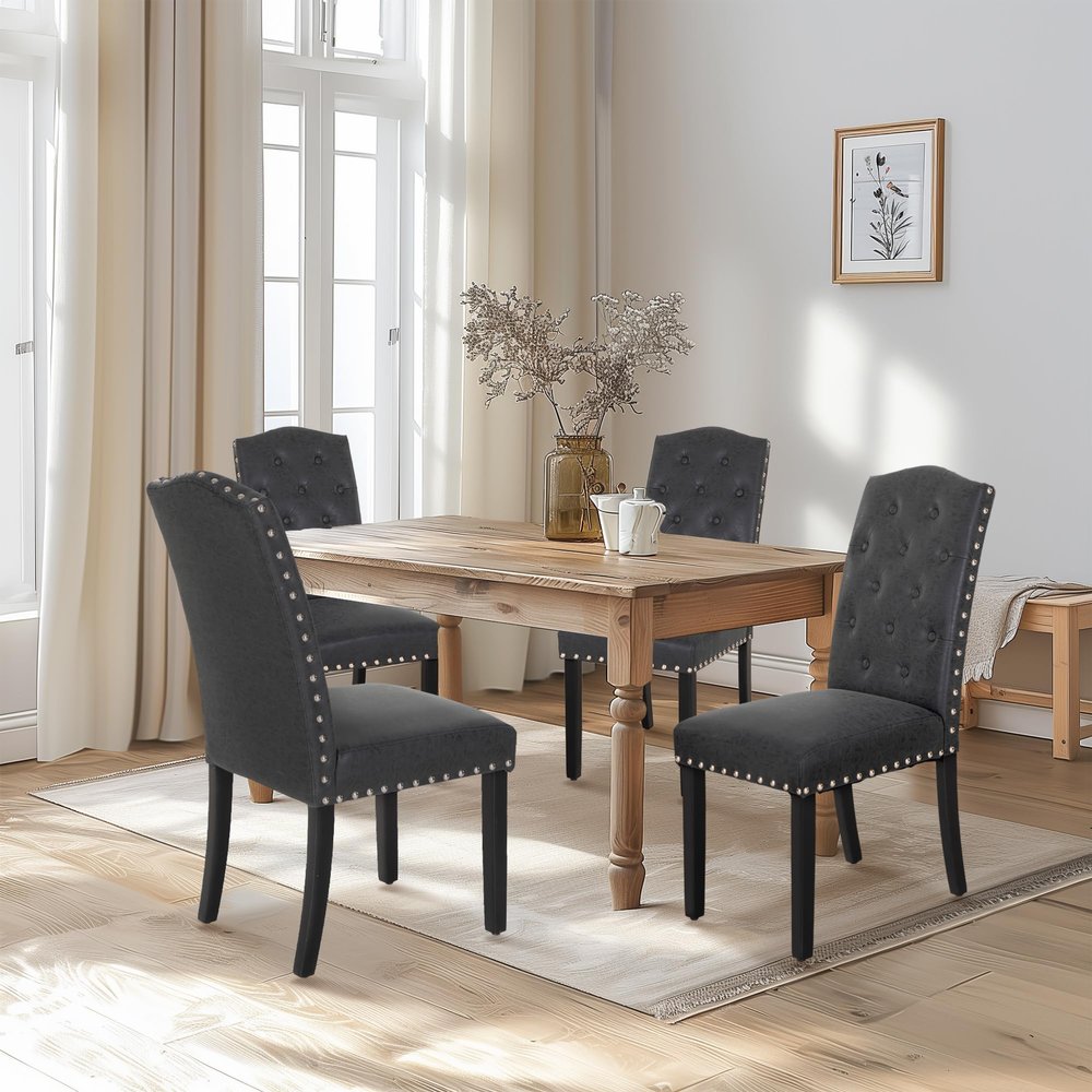 ALPHA HOME Dining Chairs Set of 4, Upholstered Dining Room Chairs, Tufted Kitchen Chairs with Solid Wood Legs and Tall Backrest, Faux Leather Padded Parson Chairs, Black