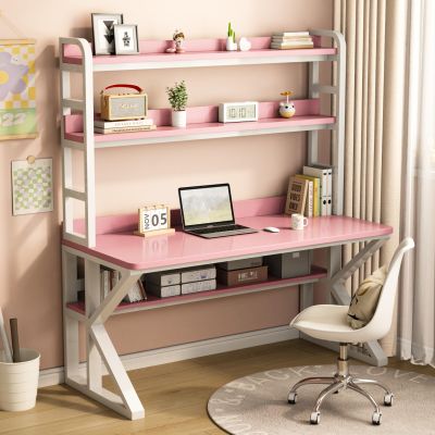 Computer Desk with Storage Shelves and Bookshelf, Industrial Desk with Sturdy Metal Frame, Solid Wood PC Table Workstation for Home Office(47" W x 69" H x 23.6" D, Pink & White)