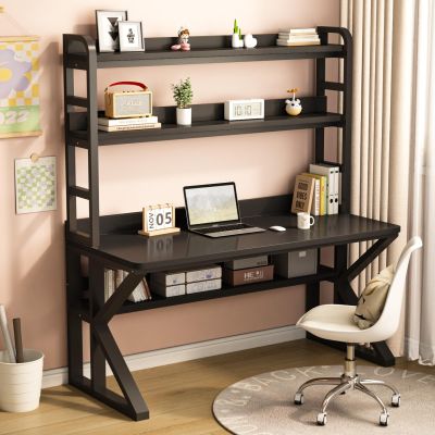 FAANAS Computer Desk with Storage Shelves and Bookshelf, Industrial Desk with Sturdy Metal Frame, Solid Wood PC Table Workstation for Home Office(43" W x 69" H x 23.6" D, Black)