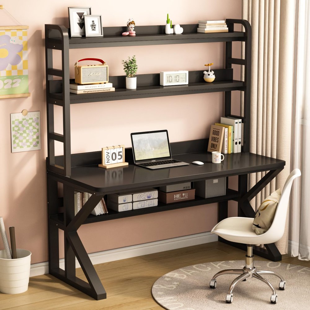 FAANAS Computer Desk with Storage Shelves and Bookshelf, Industrial Desk with Sturdy Metal Frame, Solid Wood PC Table Workstation for Home Office(43" W x 69" H x 23.6" D, Black)