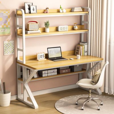 Computer Desk with Storage Shelves and Bookshelf, Industrial Desk with Sturdy Metal Frame, Solid Wood PC Table Workstation for Home Office(31" W x 69" H x 23.6" D, Brown & White)
