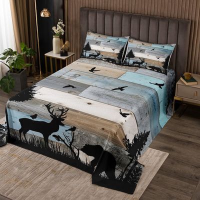 Manfei Rustic Farmhouse Kids Bedspread King Size,Deer Bear Pine Trees Silhouettes Coverlet Set,Boys Girls Adults Cabin Decor,Wooden Plank Barn Quilted Coverlet,Blue Retro Bedding Quilt,2 Pillowcases
