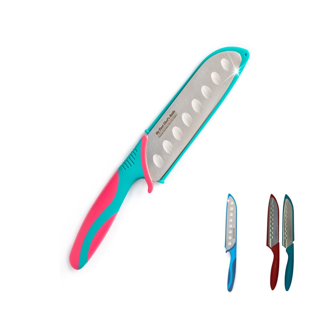 My First Chef's Knife for Kids - CARNATION/TEAL - w/Protective Safety Sheath - German Stainless Steel - Curved Finger Shield/Childrens Cooking Baking