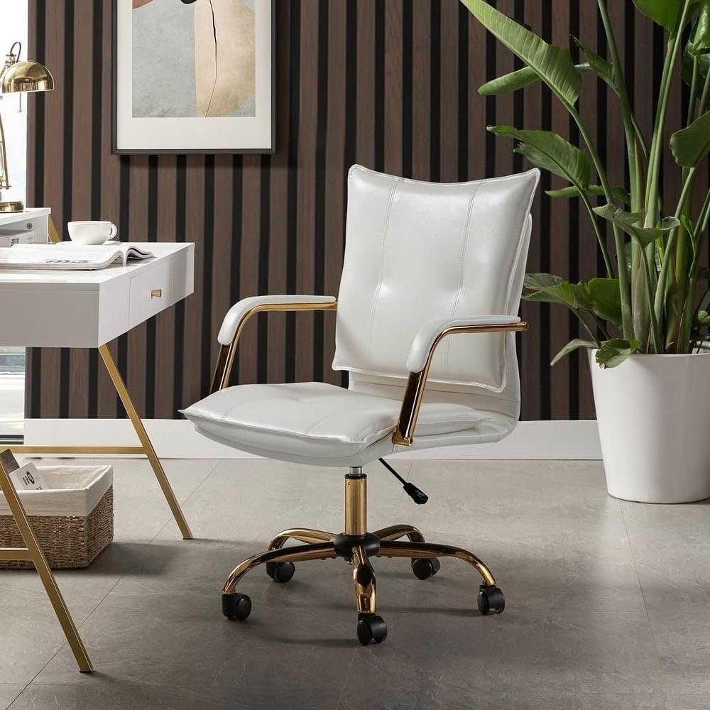 White Leather Office Chair 26 in. D X 22.2 in. W X 40 in. H Size, Adjustable Height Metal and Wood Frame Super Soft | All Season Pretty Ivory Shade Durable