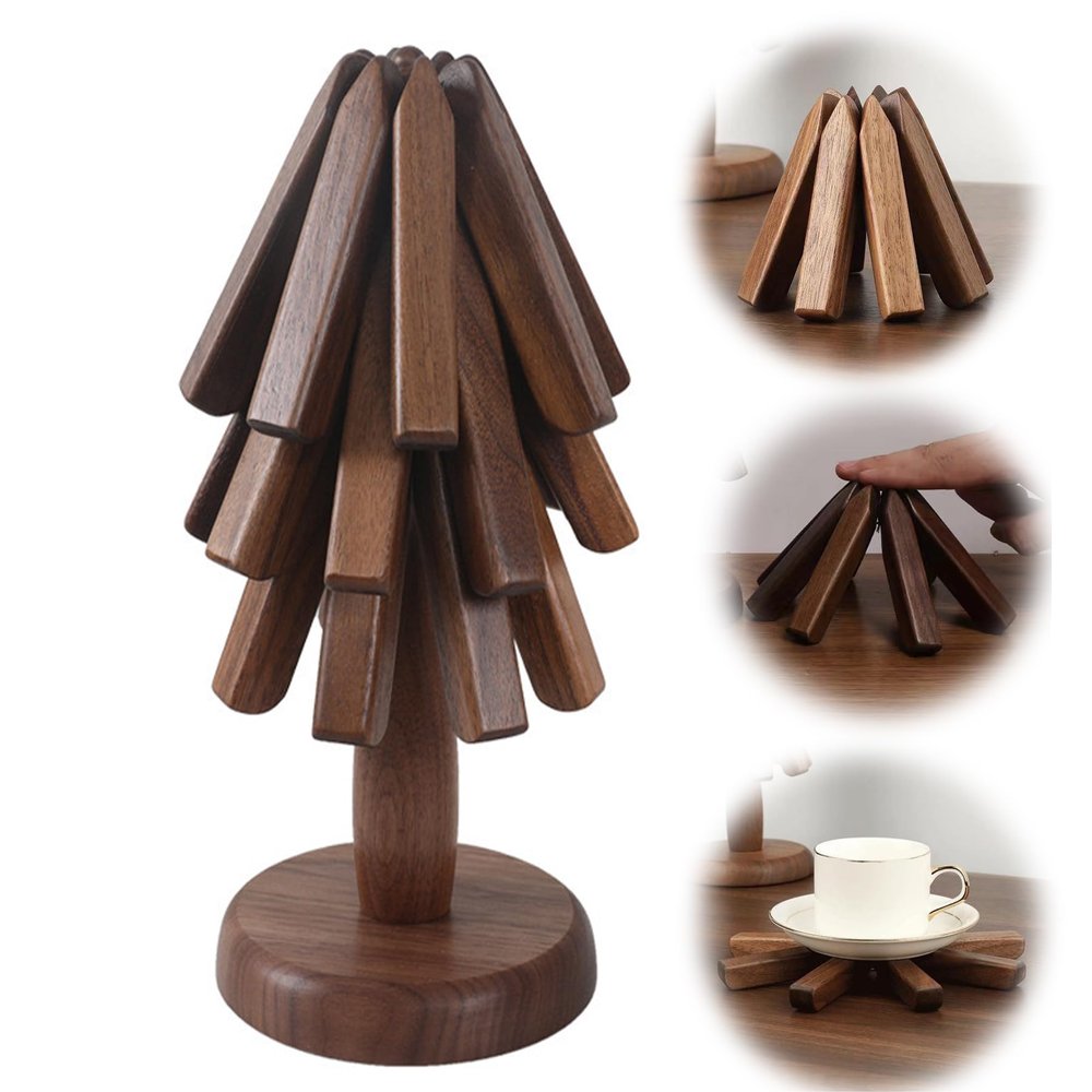 Black Walnut Wood Table Mat, Trivet Tree for Wood Coasters Set of 3,Housewarming Table Decorations Wood Placemats, Space Saving Trivets for Hot Pots and Pans1 Set