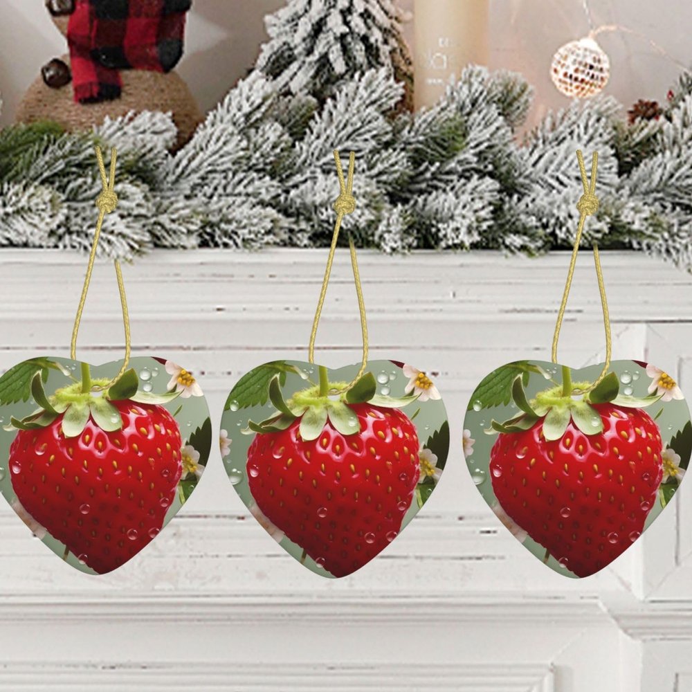 Christmas Ornaments with Gold Ribbon Christmas Tree Ceramic Hanging for Holiday Lovely Strawberry Heart Ceramic Ornaments Crafts Christmas Tree Decorations Home Ornament for Christmas Trees