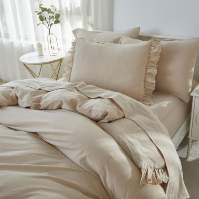 Brandream Duvet Cover Set Twin/Twin XL Size Linen Feel Textured Organic Natural 100% Cotton Duvet Cover Beige 2 Pieces Bedding Set Fringe Ruffle with Zipper Closure, Breathable Soft