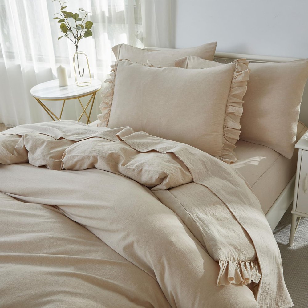 Brandream Duvet Cover Set Twin/Twin XL Size Linen Feel Textured Organic Natural 100% Cotton Duvet Cover Beige 2 Pieces Bedding Set Fringe Ruffle with Zipper Closure, Breathable Soft