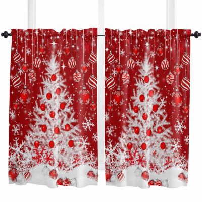 ARTSHOWING Christmas Kitchen Curtains 2 Panels Tier Curtains for Living Room Farmhouse Cafe Curtains for Bathroom Light Filtering Rod Pocket Short Window Curtain, Christmas Trees Xmas Balls Red