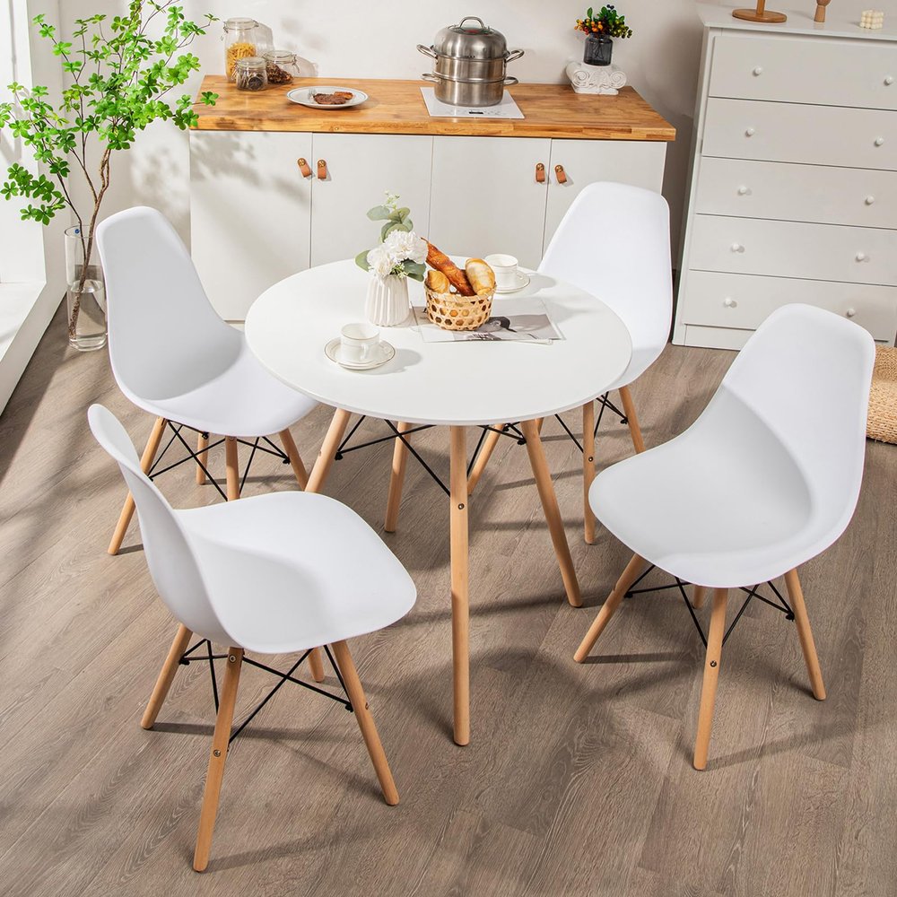 Tangkula Dining Table Set for 4, Round Kitchen Table and Chairs Set of 4 with Ergonomic Seat & Solid Wood Legs, 5-Pieces Modern Dining Set for Kitchen and Living Room