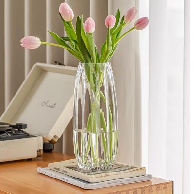 Large Flower Vase,11 inch,GIDARY Thickened Clear Ribbed Glass Vase for Bookshelf,Dinner Table,Indoor Office Desktop,Meeting Room,Home Christmas Day Decoration