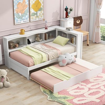 Hlcodca Solid Wood Daybed with Trundle, Twin Size Captain Platform Bed with 5 Built-in Storage Cabinets and USB Ports, for Kids Teens Adults (White-Daybed)