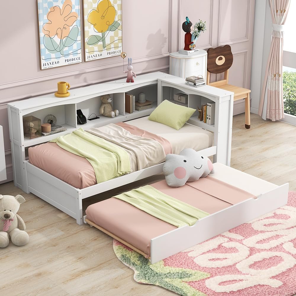 Hlcodca Solid Wood Daybed with Trundle, Twin Size Captain Platform Bed with 5 Built-in Storage Cabinets and USB Ports, for Kids Teens Adults (White-Daybed)