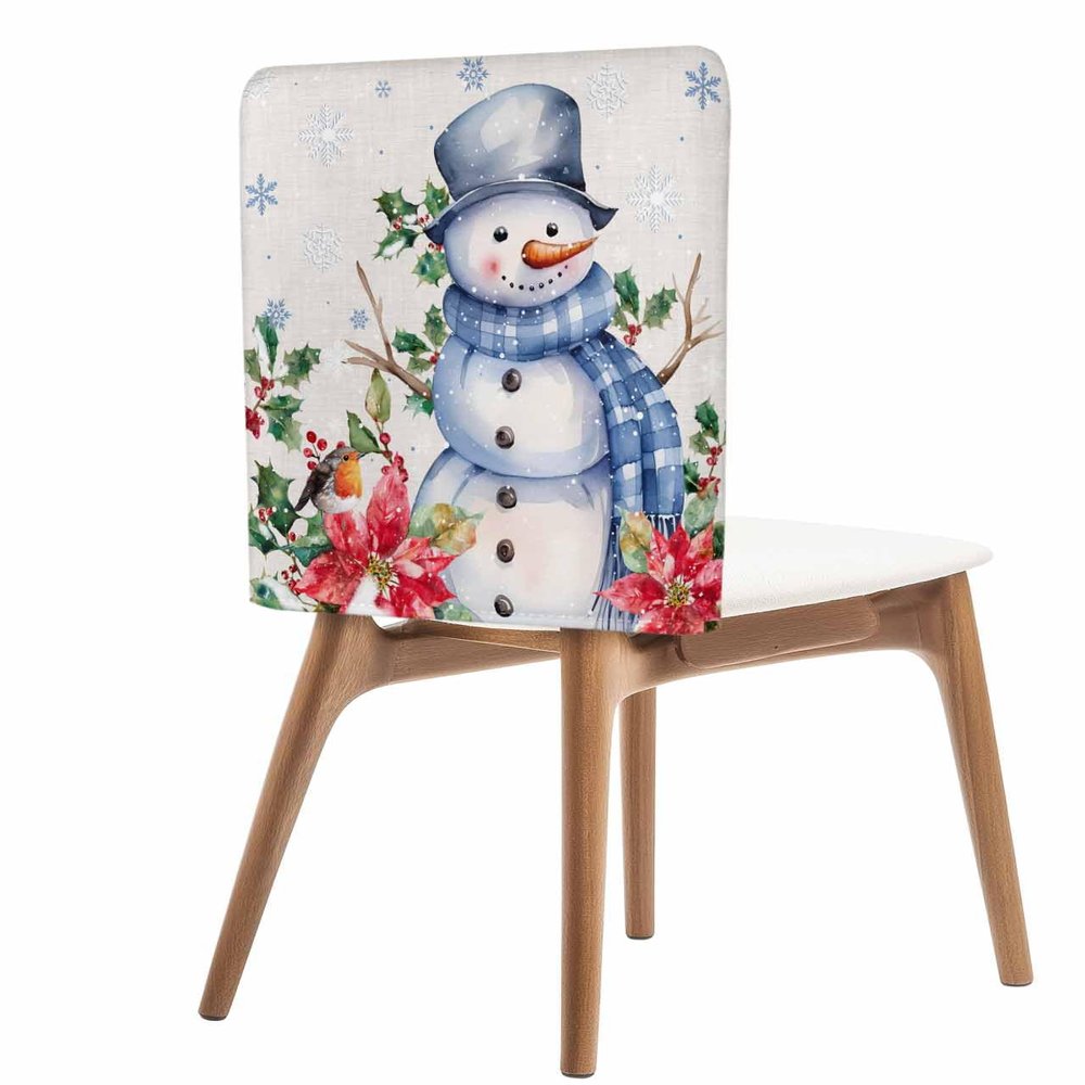 AMZRicher Blue Snowman Christmas Chair Back Covers for Dining Chairs 8 Pack, Washable Removable Chair Slipcover Back Chair Protector for Wedding Party Baby Shower Xmas Poinsettia Berry Snowflake