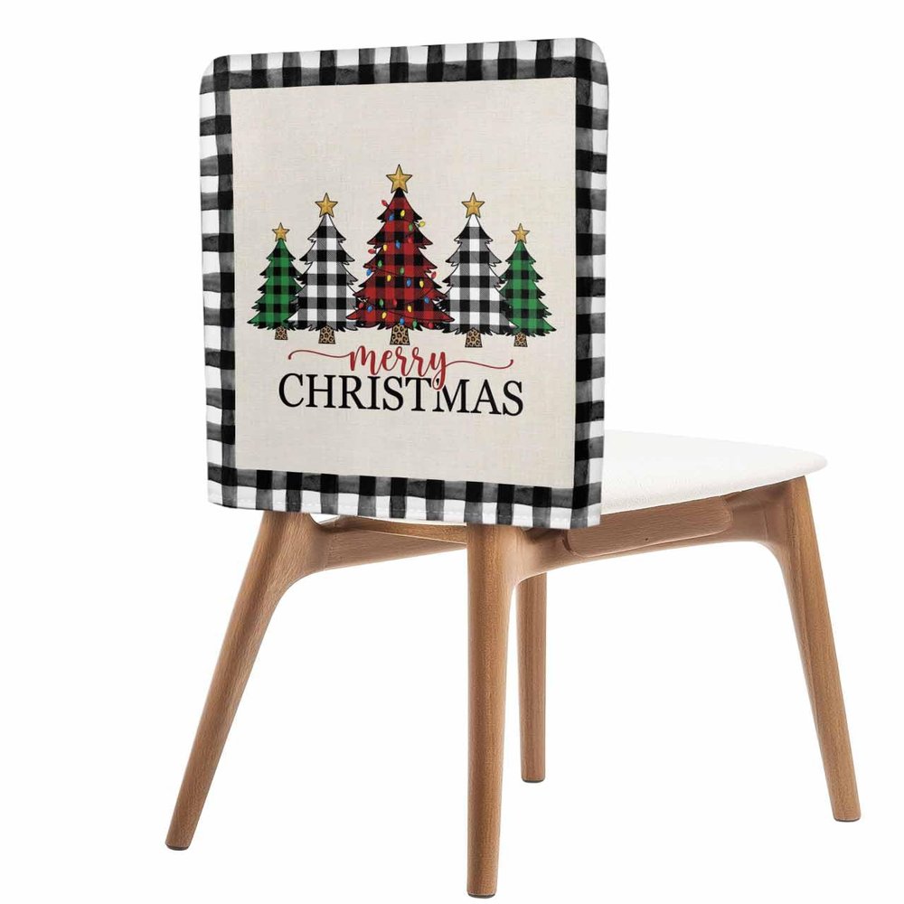 AMZRicher Christmas Chair Back Covers for Dining Chairs 6 Pack, Washable Removable Chair Slipcover Back Chair Protector for Wedding Party Baby Shower Green Red Xmas Tree Black and White Checkered