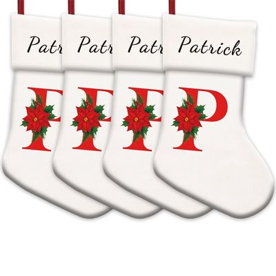 MALIHONG Personalized 4 Pack White Christmas Stocking Monogram Letter P Custom Name Velvet Xmas Christmas Stocking Holiday Firework Decor Gift for Family Friends 14.4"