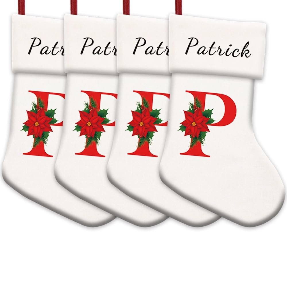 MALIHONG Personalized 4 Pack White Christmas Stocking Monogram Letter P Custom Name Velvet Xmas Christmas Stocking Holiday Firework Decor Gift for Family Friends 14.4"
