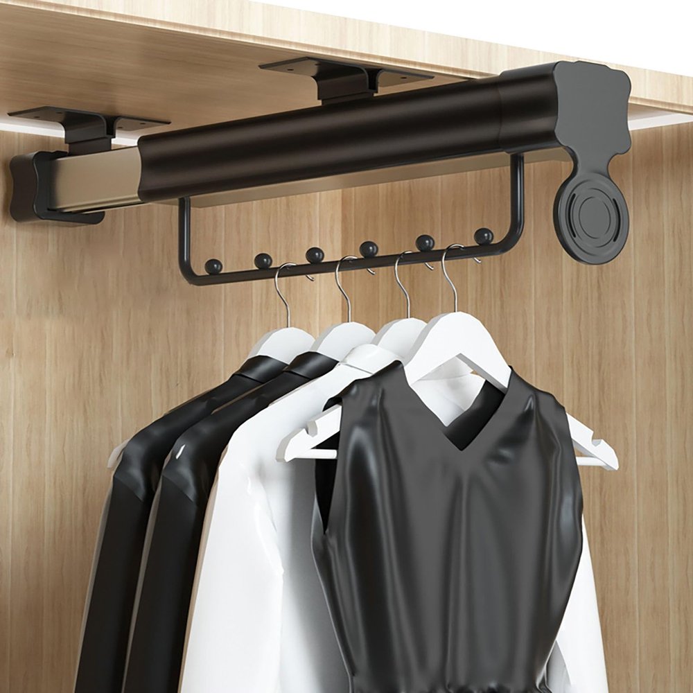 ARTSZY Pull Out Closet Rod, Adjustable Sliding Wardrobes Rack, Telescopic Closet Hanging Organizer Bracket, Metal Valet Rod with Sliding Rail, Black(41-81cm/16.1-31.8in)