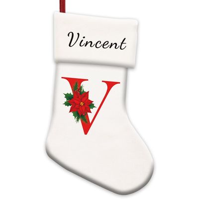 MALIHONG Personalized 1 Pack White Christmas Stocking Monogram Letter V Custom Name Velvet Xmas Christmas Stocking Holiday Firework Decor Gift for Family Friends 14.4"
