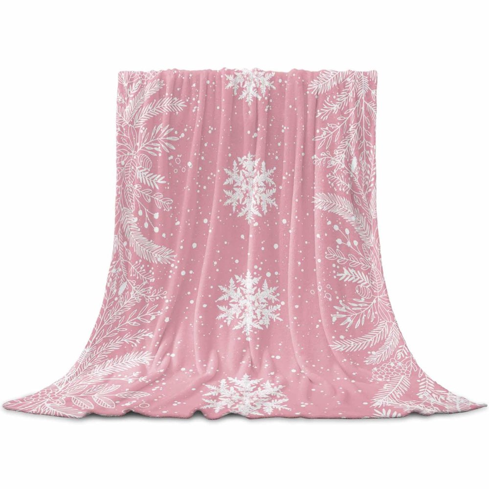 Fuzzy Fleece Throw Blanket, Lightweight Christmas Snowflake Watercolor Pine Leaves Pink Super Soft Flannel Bed Blankets, Reversible Plush Sherpa Blankets for Couch, Bed, Sofa 49"x59"