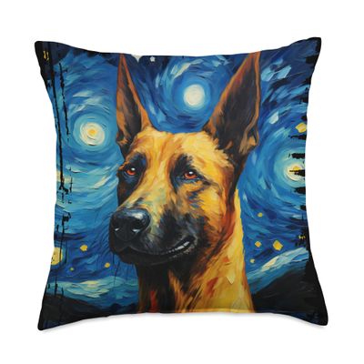 Belgian Malinois Dog Starry Night Painting Dog Mom Dad Throw Pillow