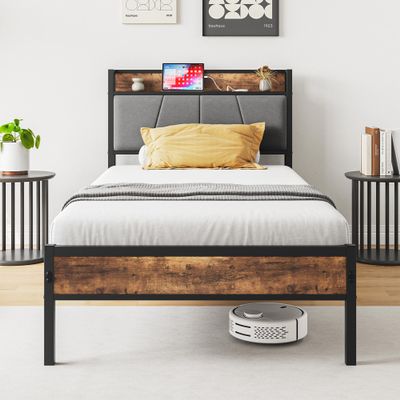 Anwick Twin Bed Frame, Platform Metal Bed Frame with Storage Headboard, No Box Spring Needed, Strong Metal Slats Support, Sturdy and Noise-Free, Easy Assembly,Vintage Brown and Light Grey (Twin)