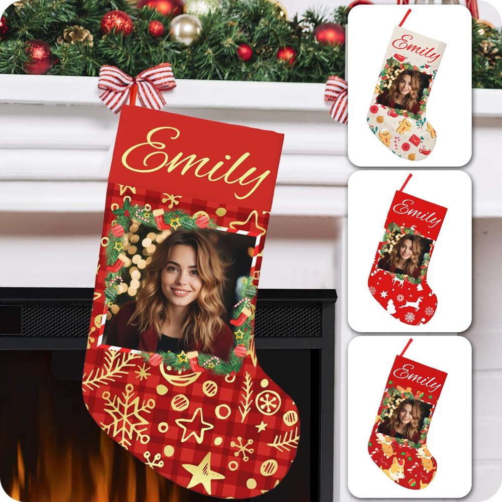 BUDAXCUST Personalized Christmas Stockings Custom Stocking with Name Picture Customized Xmas Stockings Personalized Buffalo Plaid Snowflake Stockings for Family Holiday Christmas Party Decor (Women)