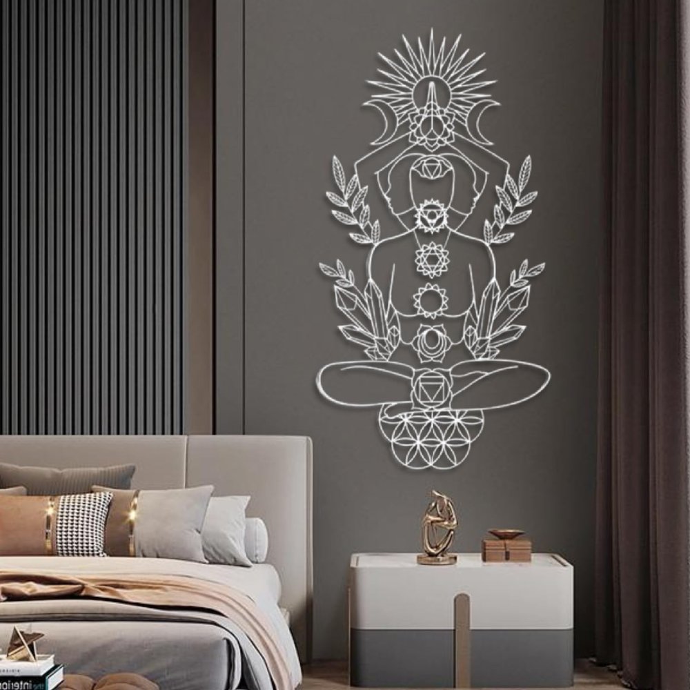 Metal Wall Art, Chakra Wall Art, Sun Metal Wall Art, Metal Moon Wall Decor, Geometric Metal Wall Art, Yoga Wall Decor, Spiritual Wall Art, Home Decor, Metal Wall Decor (White, 29"x15"|76x40cm)