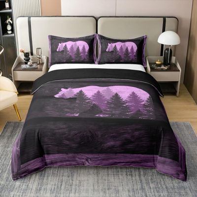 100% Cotton Purple Bear Duvet Cover Wild Jungle Animal Botanical Trees Decor Bedding Set for Kids Teens Adults Lodge Cabin Rustic Style Comforter Cover with 2 Pillowcases(No Comforter) Queen Size