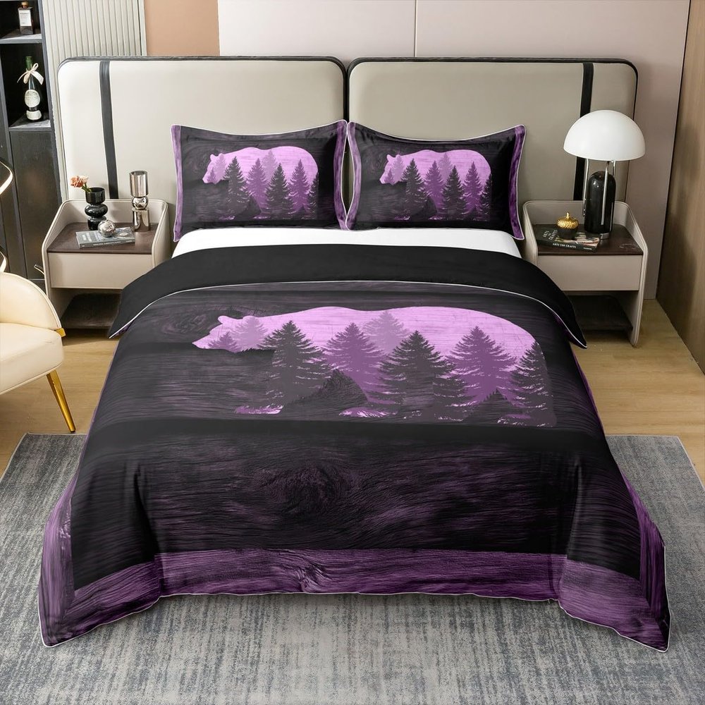 100% Cotton Purple Bear Duvet Cover Wild Jungle Animal Botanical Trees Decor Bedding Set for Kids Teens Adults Lodge Cabin Rustic Style Comforter Cover with 2 Pillowcases(No Comforter) Queen Size