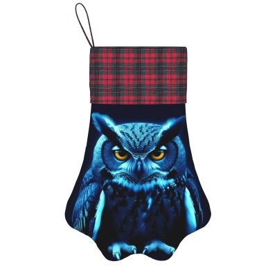 Blue Owl Printed Pet Paw Christmas Stockings Personalized Christmas Plaid Stockings Xmas Fireplace Hanging Stockings for Christmas Decorations