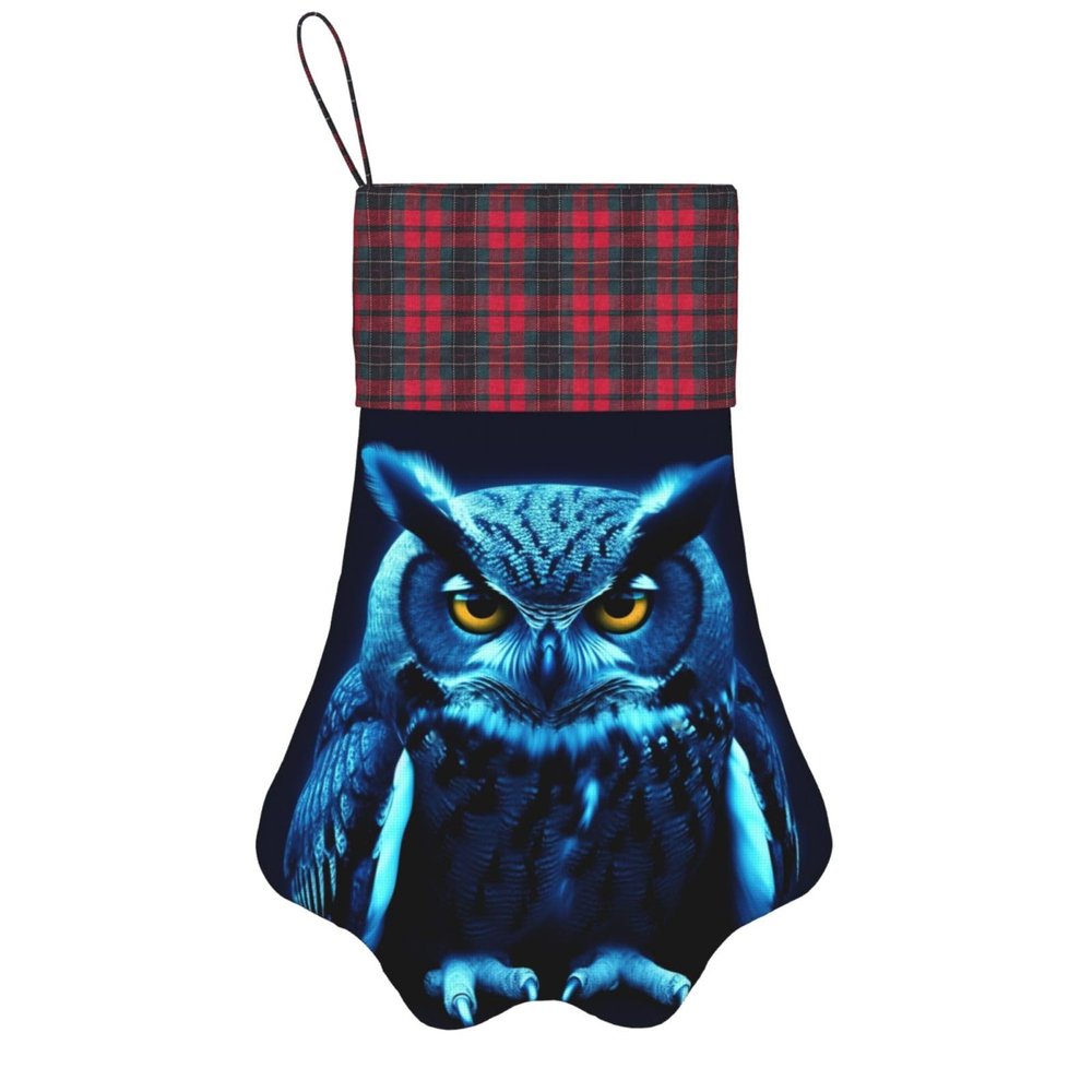 Blue Owl Printed Pet Paw Christmas Stockings Personalized Christmas Plaid Stockings Xmas Fireplace Hanging Stockings for Christmas Decorations