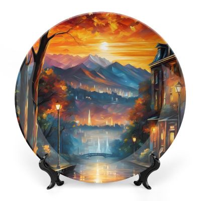 Abstract Autumn Road Street Decorative Plate for Wall Ceramic Home Wobble-Plate with Display Stand Table Decor Ornament Thanksgiving Christmas Decoration Porcelain Dinner Plate Dessert Dish 6"