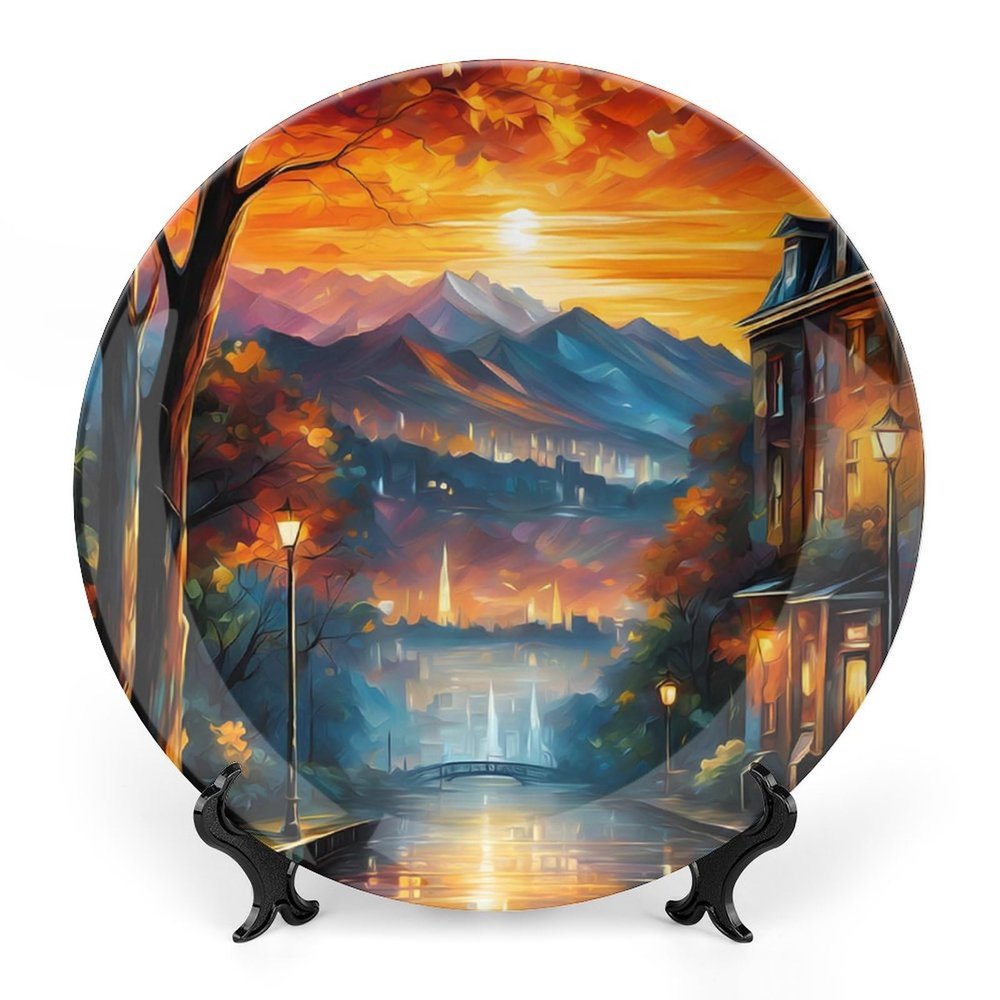 Abstract Autumn Road Street Decorative Plate for Wall Ceramic Home Wobble-Plate with Display Stand Table Decor Ornament Thanksgiving Christmas Decoration Porcelain Dinner Plate Dessert Dish 6"