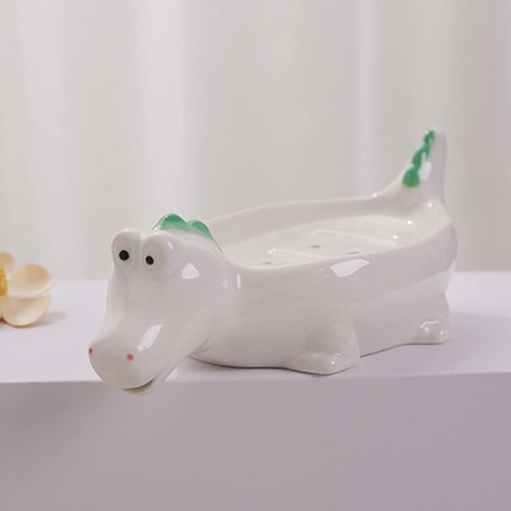 Mumain Cute Ceramic Soap Dish Duck Shape Soap Holder Self Draining Soap Box Soap Tray Creative Animal Soap Bar Holder for Shower, Bathroom, Decor, Kitchen, Counter (Dinosaur)
