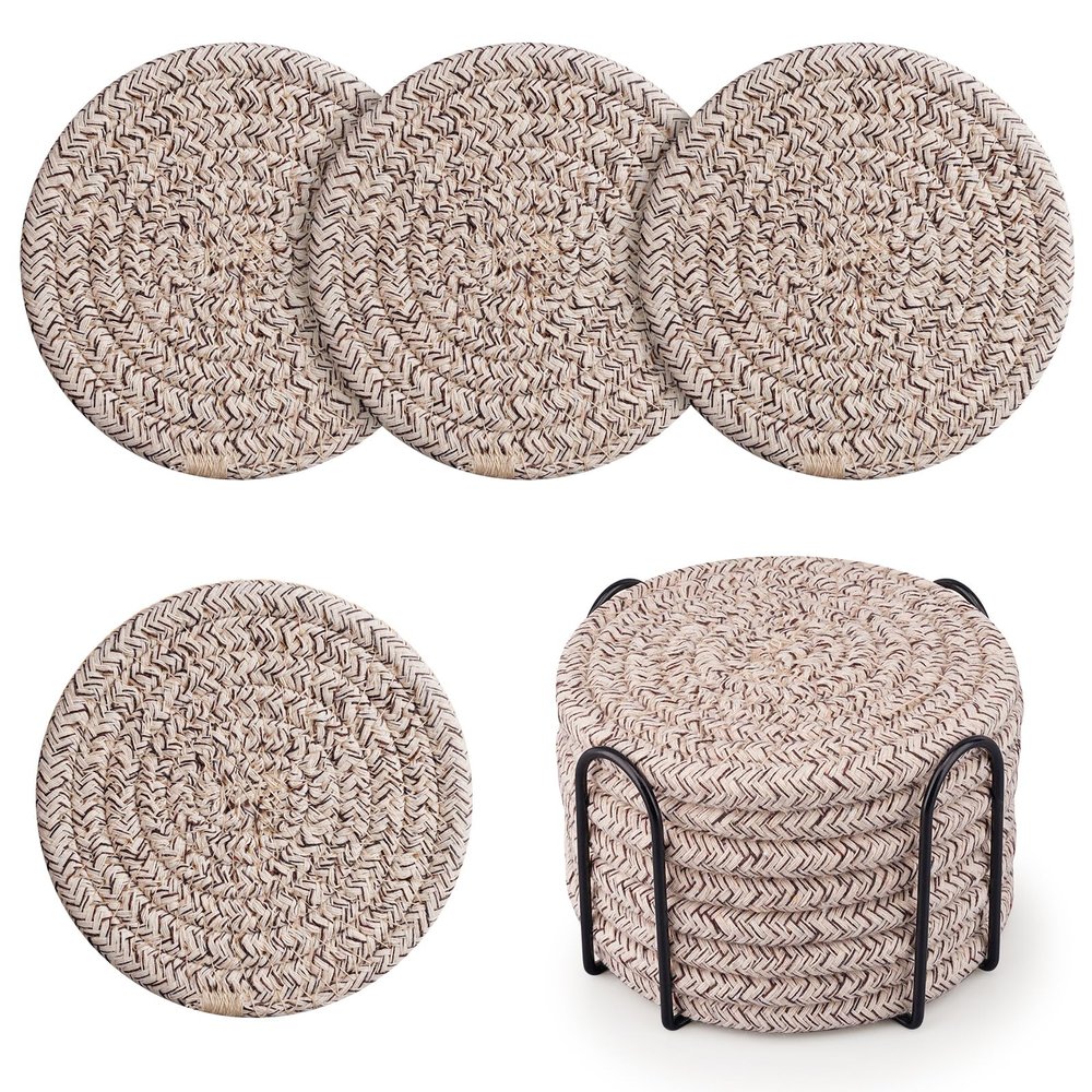 Coasters with Holder, Cotton Woven CoastersAbsorbent Coaster Set of 8 for Table Protection, Home Decor, Glasses, Cups, Bar, Housewarming Gift