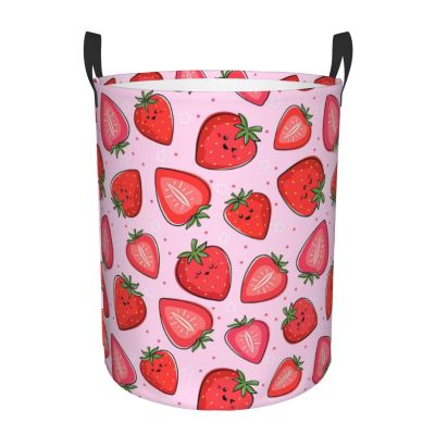 Kawaii Fruit Cute Strawberry Laundry Basket Waterproof Collapsible Laundry Hamper with Durable Handle Circular Storage Basket Dirty Clothes Bag for Bedroom Bathroom Living Room