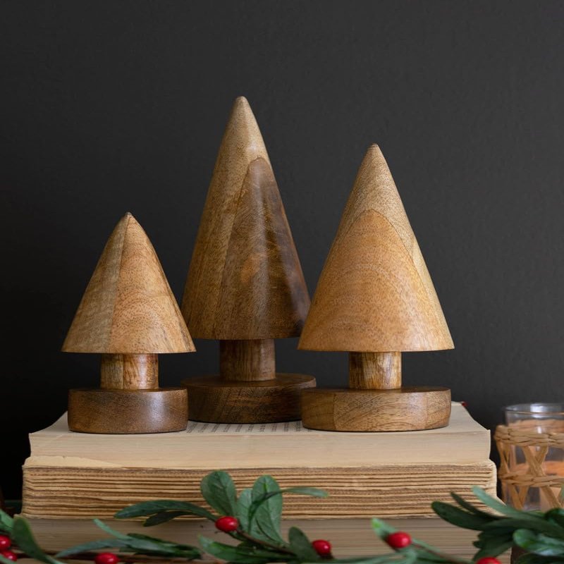 KALALOU Set of Three Turned Wooden Christmas Trees
