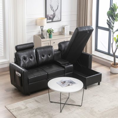 88.98" Convertible Sectional Sofa Couch with Flip Storage & Cup Holder, Modern L-Shape 3-Seat Sofa Couch, Modern Futon Sofa Bed with Plastic Feet, Sleeper Sofa Set for Living Room Bedroom (Black PU)