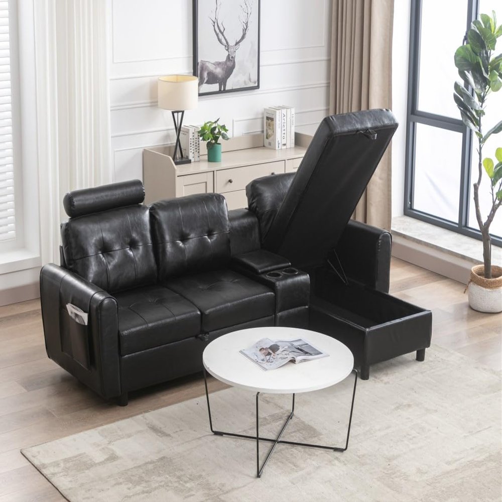 88.98" Convertible Sectional Sofa Couch with Flip Storage & Cup Holder, Modern L-Shape 3-Seat Sofa Couch, Modern Futon Sofa Bed with Plastic Feet, Sleeper Sofa Set for Living Room Bedroom (Black PU)