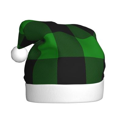 Yssammns Christmas Hat, Large Black and Green Buffalo Plaid Xmas Holiday Hat Adult Plush Santa Hat Unisex Winter Snow Hat
