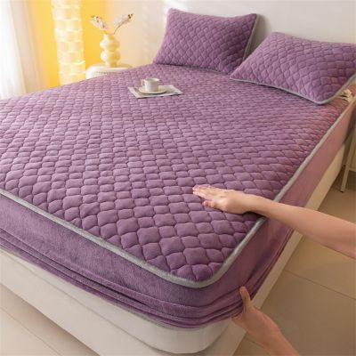 FCLDESHOP Fitted Bottom Sheet,Winter Warm Quilted Coral Fleece Bedspread,Thicken Solid Color Mattress Protector for Single Double King Size Bed,Purple,180 * 200cm (7179inch)