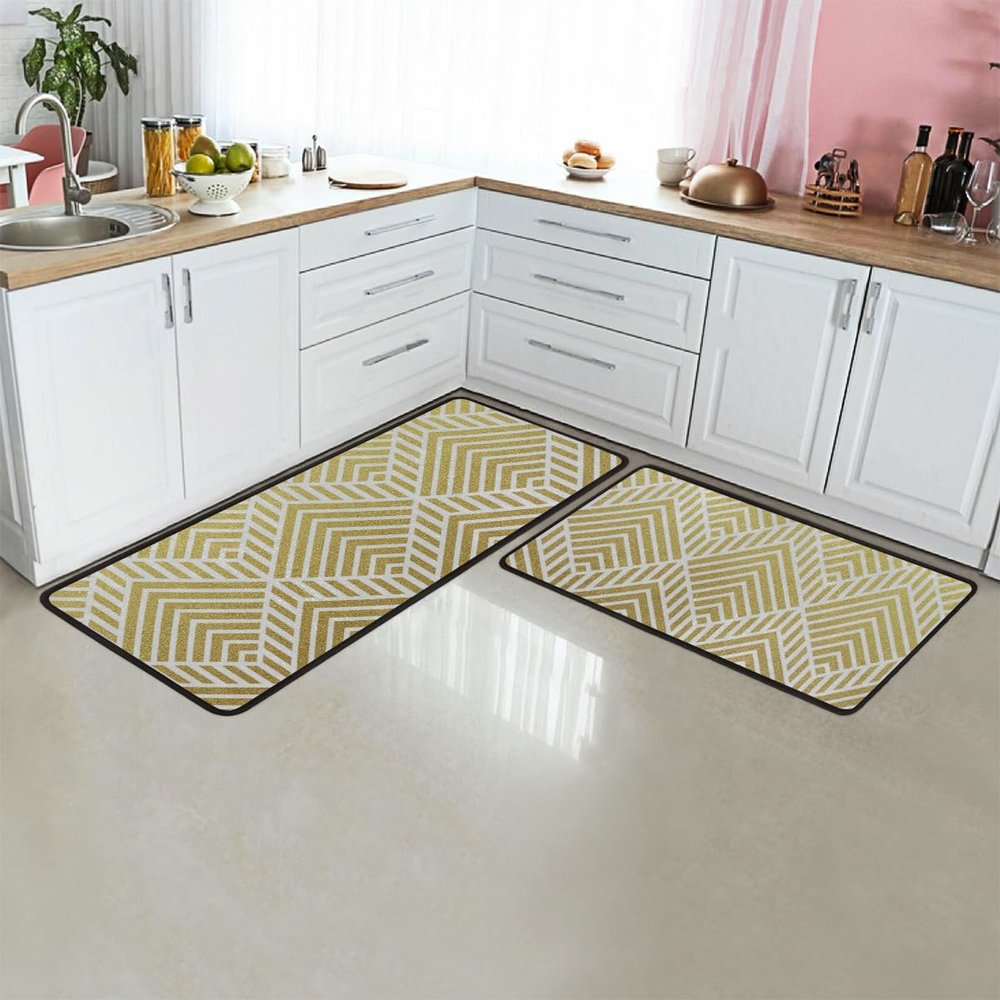 GUYOS Gold Textured Line Patterns 47x17 Inch/29x17 Inch Kitchen Rug Mats 2 Pieces Anti Fatigue mats for Kitchen Floor, Specialized in Anti Slippery and Machine Washabl